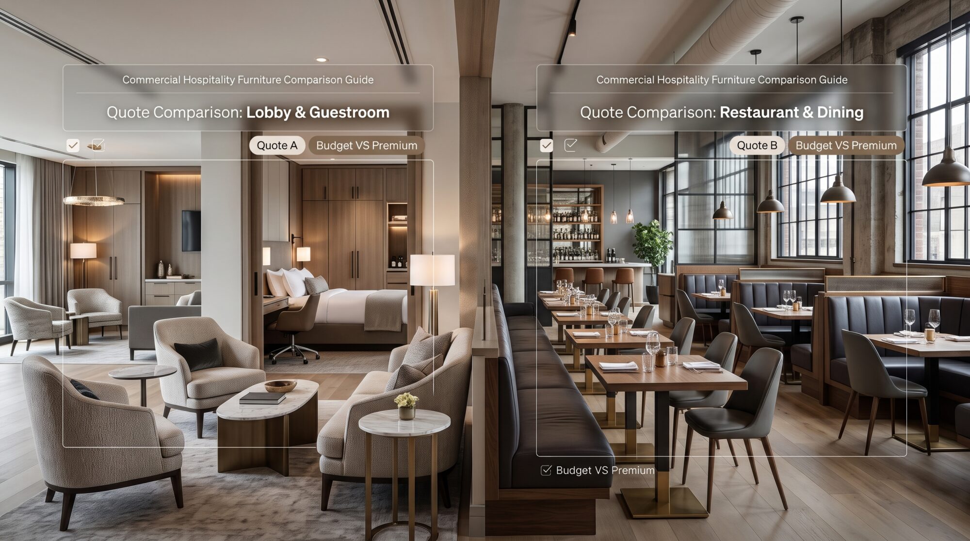 Alt Text: Split view of a modern restaurant dining room comparing dark wood tables with upholstered chairs alongside light oak dining furniture.